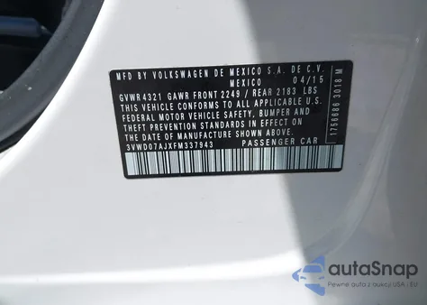 2015 Volkswagen Jetta 1.8T Se из США, поврежденный, VIN 3VWD07AJXFM337943